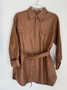 ZARA FAUX LEATHER  SHIRT DRESS BELTED IN CAMEL BROWN SIZE S LONG SLEEVES POCKETS - Picture 1 of 11