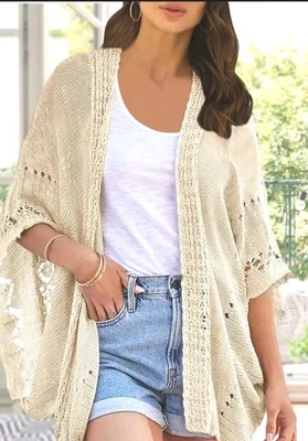New Women's Beige Openwork White Shoulders Open Front Jacket Size XX-Large - Image 1 of 4
