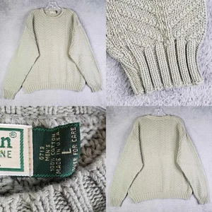 Vintage LL Bean Sweater Mens Large Green Cotton Cableknit Crewneck USA 90s - Picture 1 of 8