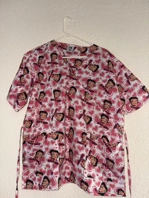 Betty Boop Scrub Top Shirt Women's XL Pink All Over Print Nurse - Image 1 of 4