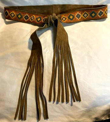 Vintage Brown Suede Leather Fringe Belt Multi Color Embroidered Hippie One Size - Image 1 of 4