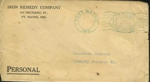 Iron Remedy Company Fort Wayne Indiana TO Vintage LIBERTY FURNESS VIRGINIA COVER - Picture 1 of 2