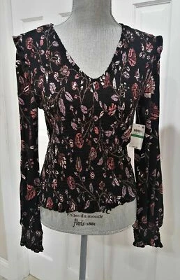 American Rag Black Floral Stretch Blouse - Size L Juniors - NEW - Image 1 of 4