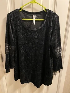 NWT NY Collection Top L Velvet Feel Blouse Black Rose Crochet Lace Large Lg - Picture 1 of 10
