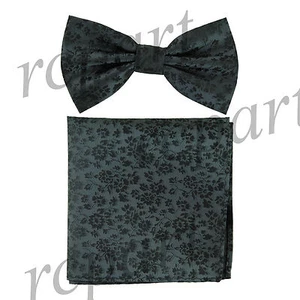 Men's Pre-tied Bow Tie & hankie set floral gray black wedding party prom formal - Picture 1 of 4