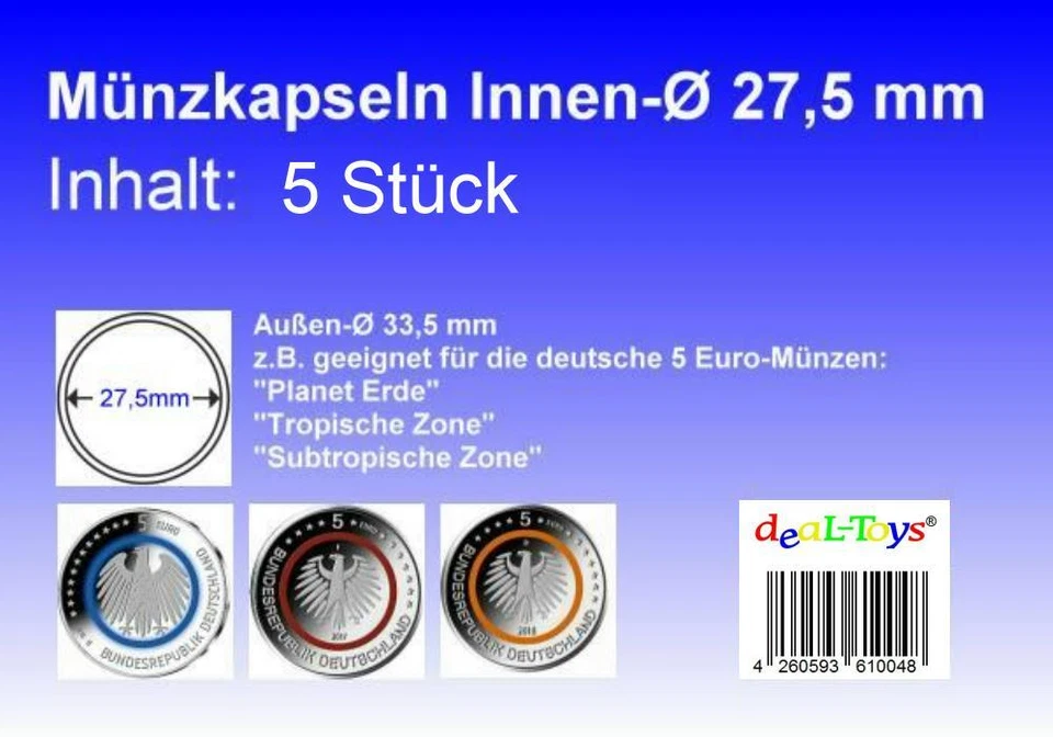 DEAL-TOYS® 5 Münzkapseln 27,5mm, geeignet für 5 Euro Münze...
