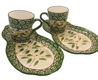 Juego de taza y plato de aperitivo verde Temptations Old World vajilla de gres vintage Foto 1 de 2