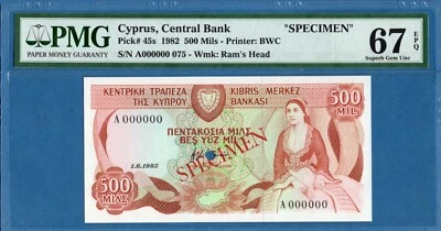 Cyprus 500 Mils, 1982, A000000 Specimen, Superb Gem UNC-PMG67EPQ, P45s - Image 1 of 2
