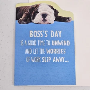 Tarjeta de felicitación del día del jefe Hallmark foto de perro 7"x5,5" cita interior sobre azul EE. UU. - Imagen 1 de 9