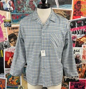 Vtg 70s Blue Yellow Plaid Sears Pajama Lounge Shirt Mens Medum Deadstock Retro - Picture 1 of 9