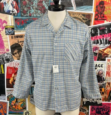 Vtg 70s Blue Yellow Plaid Sears Pajama Lounge Shirt Mens Medum Deadstock Retro - Image 1 of 4
