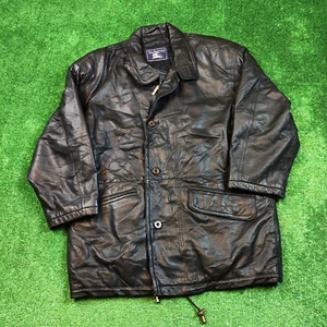 Chaqueta de cuero vintage de Burberry para hombre 48 negra cremallera completa abrigo largo aire libre años 80 - Imagen 1 de 18