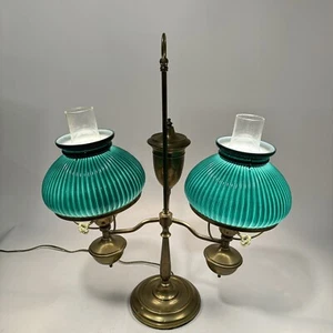 Vintage Brass Double Arm Student Library Table/Desk Lamp Green Milk Glass Shades - Picture 1 of 11