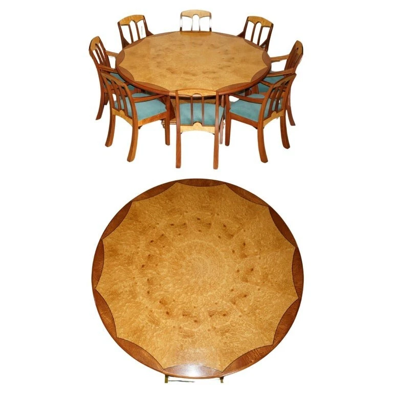 ORIGINAL ANDREW VARAH BURR WALNUT & AMBOYNA WOOD ROUND DINING TABLE & CHAIRS SET - Image 1 of 4