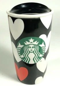 2015 Starbucks Coffee 12oz Hearts Ceramic Travel Tumbler w/ Lid Black White Mod - Picture 1 of 8