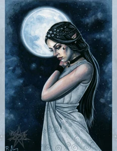Fantasy Art PRINT Elf Full Moon Celestial Night Stars Blue Woman Portrait - Picture 1 of 1