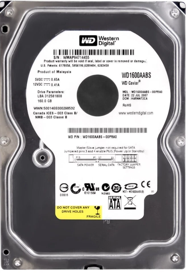 Hard Drive Western Digital Caviar WD1600AABS 160GB 7200RPM 2MB SATA II 3.5'' - Image 1 of 3