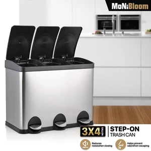 12 Gallon Step On Trash Can 3 Compartment Kitchen Garbage Bin Recycling Dustbin - Picture 1 of 10