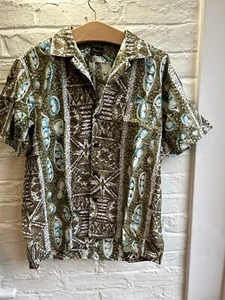 Herren Aloha Hemd von Fiji hellbraun weiß blau abstraktes Design Größe L - Bild 1 von 5