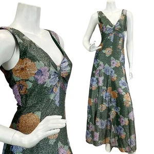 VTG 60s 70s FORREST GREEN ORANGE LILAC FLORAL PARTY DISCO LUREX MAXI DRESS 10 12 - Picture 1 of 9