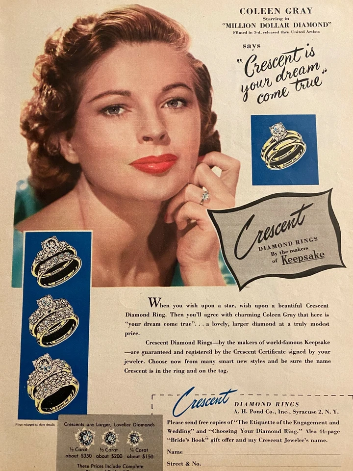 Anillos de diamantes grises Coleen, media luna, anuncio impreso vintage de página completa Foto 1 de 1