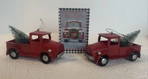 2 Metal Red Truck Ornaments w Bottle Brush Trees & 1 Red Truck Mini Gift Box - Picture 1 of 16
