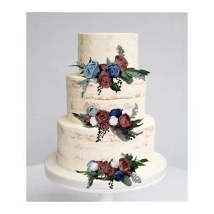 3PC Navy Dusty Blue Burgundy Cake Flower Topper Garland Sola Wood Wedding Decor - Picture 1 of 4