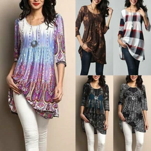 Damen Boho Blumendruck Tunika Long Tops lässig locker Langarm Bluse T-Shirt - Bild 1 von 50