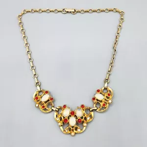 Unsigned Opaline Glass Cab Red Rhinestone Gold Tone Lavalier Choker Necklace 15" - Picture 1 of 9
