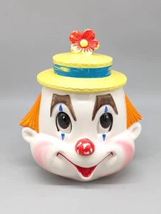 Tarro de galletas de cerámica vintage años 50 PY Japón 6685 circo payaso sombrero amarillo 10" - Imagen 1 de 15