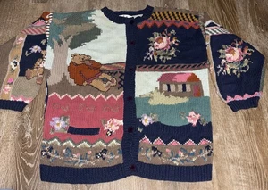 Vintage Together! Cardigan Sweater M Teddy Bear Flowers House Cottage Core - Picture 1 of 17
