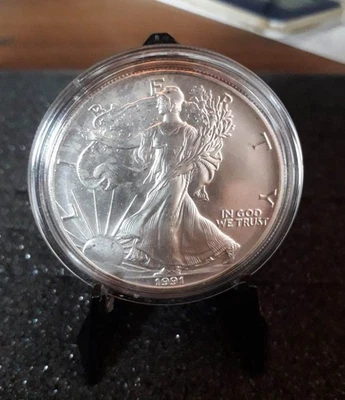 1991 STATI UNITI DOLLARO  AMERICAN SILVER EAGLE 1 oz Oncia argento 999 - Immagine 1 di 2