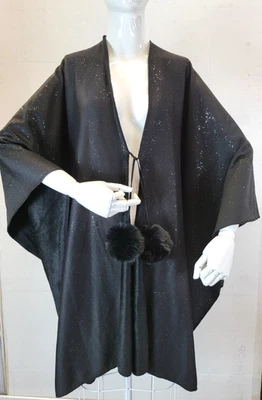 Marc New York Andrew Marc Black Glitter Kimono Cape Faux Fur Pom Poms One-Size - Image 1 of 4