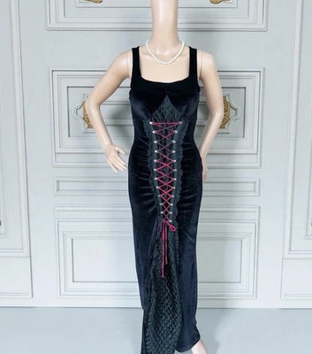 Vintage Y2K Black Velvet Goth Renaissance Corseted Lace Up Quilted Maxi Dress S - Image 1 of 4