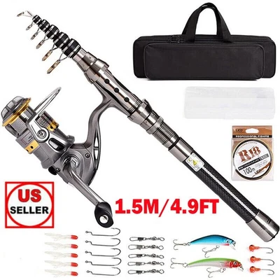 4.9 ft Telescopic Fishing Rod and Reel Combo Carbon Fiber Saltwater Freshwater - Image 1 of 4