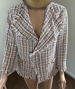 Blazer Chaqueta Anne Klein Fringe-Trim Rojo Blanco Azul Forrada de Tweed, Talla 12 - Imagen 1 de 15