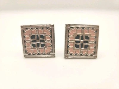 Vintage Hickok 1970s Pink Black Abstract Enamel  Silver Tone Cufflinks 1" Square Foto 1 de 4
