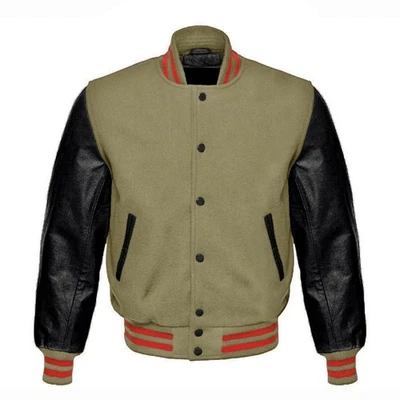 Beige Wool Varsity Jacket Black Leather Sleeves – Red Trim Letterman Style - Image 1 of 4