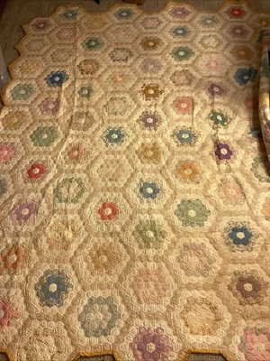 Antique Hand Stitched Grandmother’s Flower Garden Patchwork Quilt 74” X 98” - Image 1 of 4