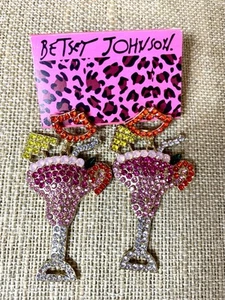 Betsey Johnson Cocktail Earrings Red Lips Yellow Umbrella Pink Rhinestone Glass - Picture 1 of 13