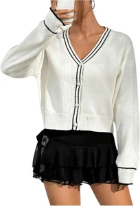 Women's Striped Colorblock Button Down Cardigan Long Sleeve V Neck Sweater - Picture 1 of 7