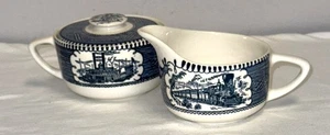 Royal China CURRIER & IVES BLUE CREAMER & SUGAR W/LID - Picture 1 of 1