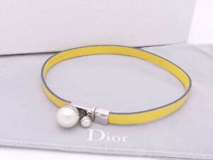 Auth Christian Dior Choker Necklace Yellow/Silver/White Leather/Metal - e54556