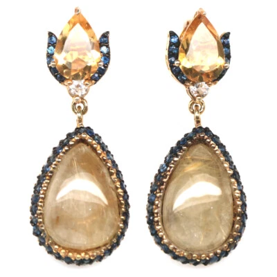 Pendientes de plata de ley 925 incoloros con cuarzo rutilo, citrino y zafiro  Foto 1 de 4