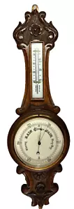 ANTIQUE THERMOMETER AND BAROMETER CARVED WOODED AND BRASS WALL HANGING - Picture 1 of 4