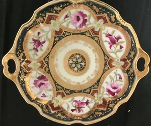 Platter 9½" Royal Kinran Nippon with Handles with Pink and Magenta Flowers - Picture 1 of 7