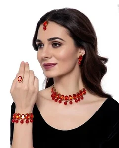 Exclusive Combo Of Red Choker Necklace With Designer Earrings, Bracelet, Ring. - Picture 1 of 4