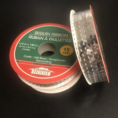 Christmas House -  Silver Sequin Ribbon, 1/4" x 5 Yards - Lot of 3 Spools - Image 1 of 4
