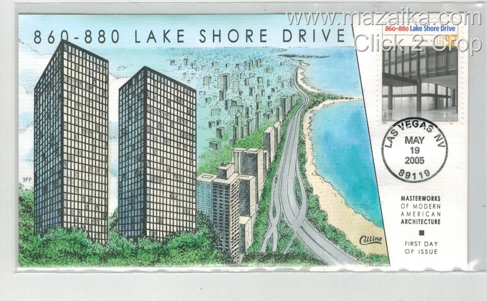 COLLINS HANDPAINTED MASTERWORKS MODERN ARCHITECTURE 860-880 LAKE SHORE DRIVE - Image 1 of 1