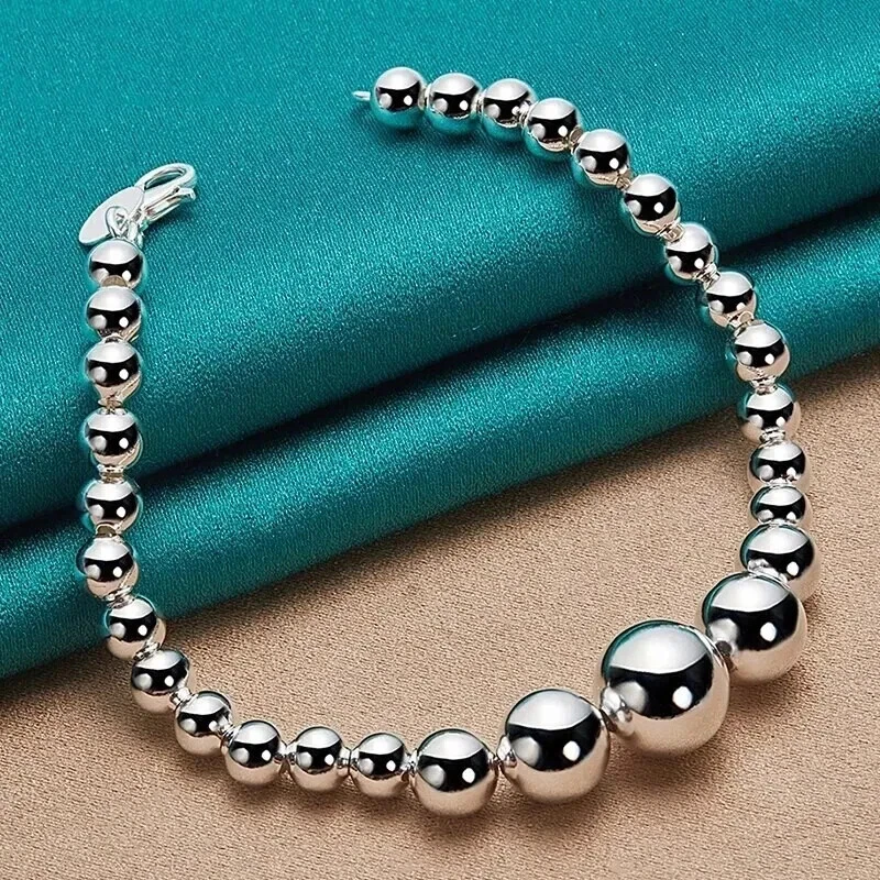 Smooth Bead Ball Chain Wedding 8''Bracelet Lobster Closure 14K White Gold Plated - Image 1 of 4
